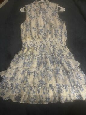 1. State White and Blue Floral Ruffle Tiered Dress